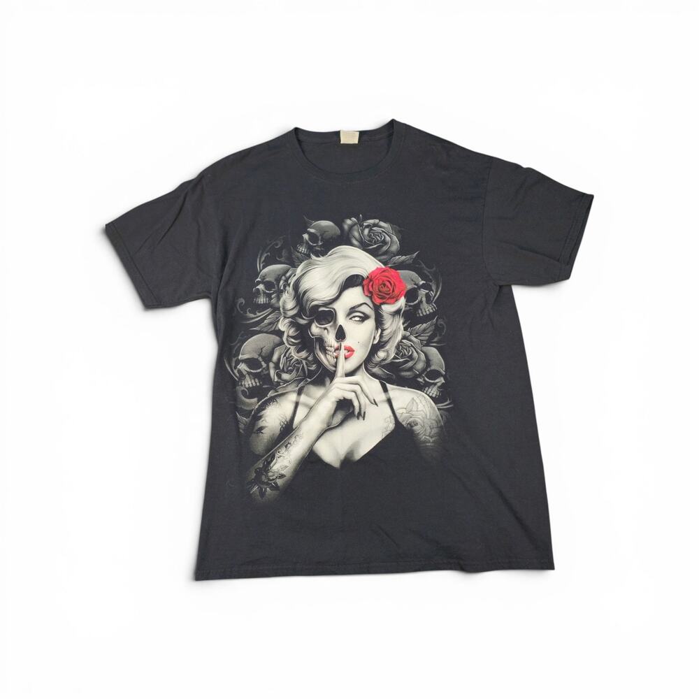 Skull Rose Gothic Graphic T-Shirt Men's Large Black Tattoo Art Horror Tee